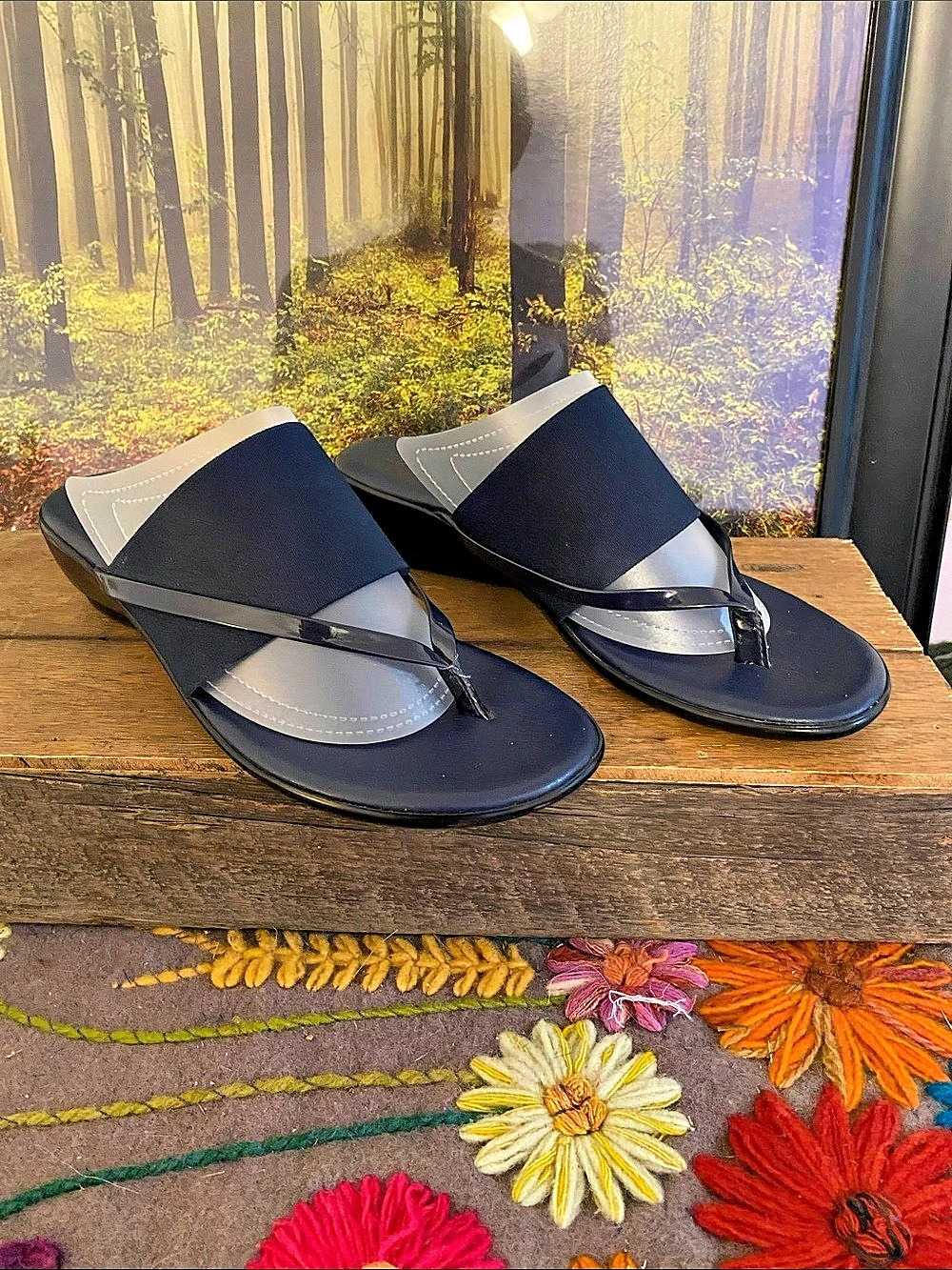 Italian Shoemakers Afia Stretch Thong Wedge Sandal Navy
